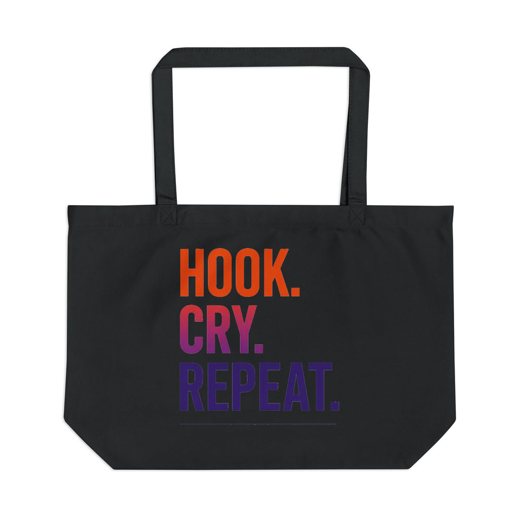 Large Eco Tote — "Hook. Cry. Repeat." / "Cinematic Emotional Damage." Graphic Reusable Tote