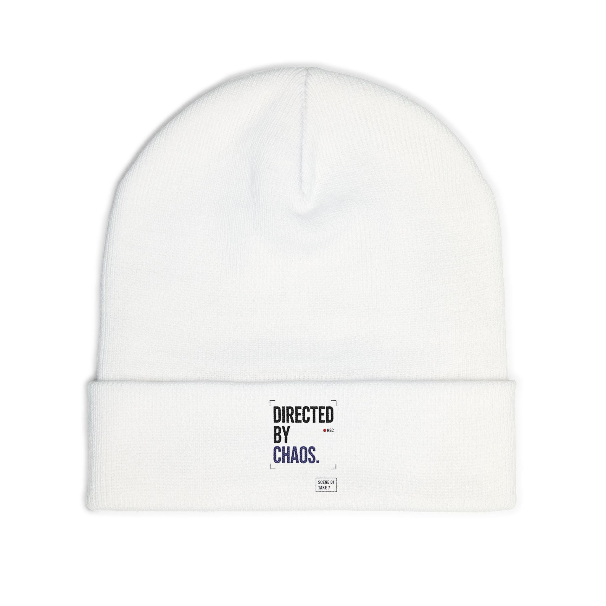 Directed By Chaos Embroidered Knit Beanie — Minimal Streetwear Winter Hat