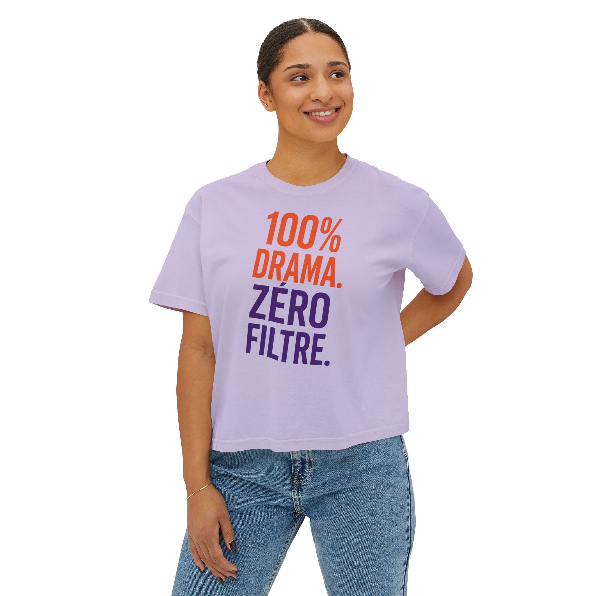 Boxy Tee — "100% Drama. Zero Filtre." Graphic Women's Crop Top