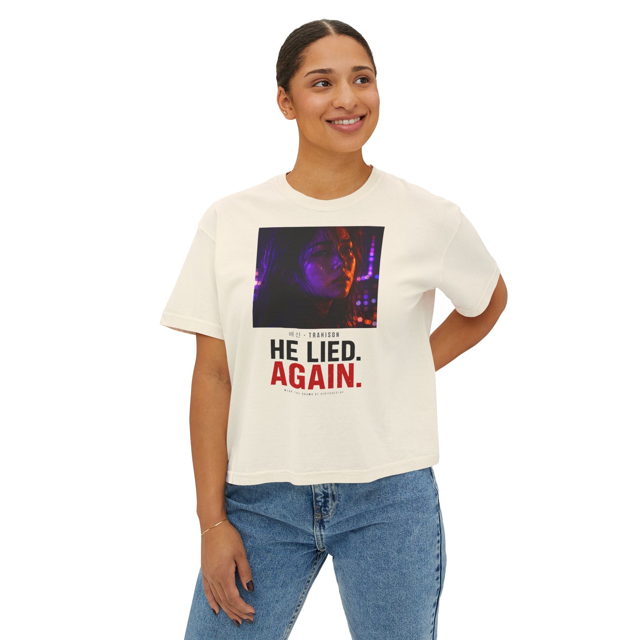 He Lied. Again. Women's Boxy Tee — Dramatic Photo Graphic Tee for Breakup/Statement Fashion