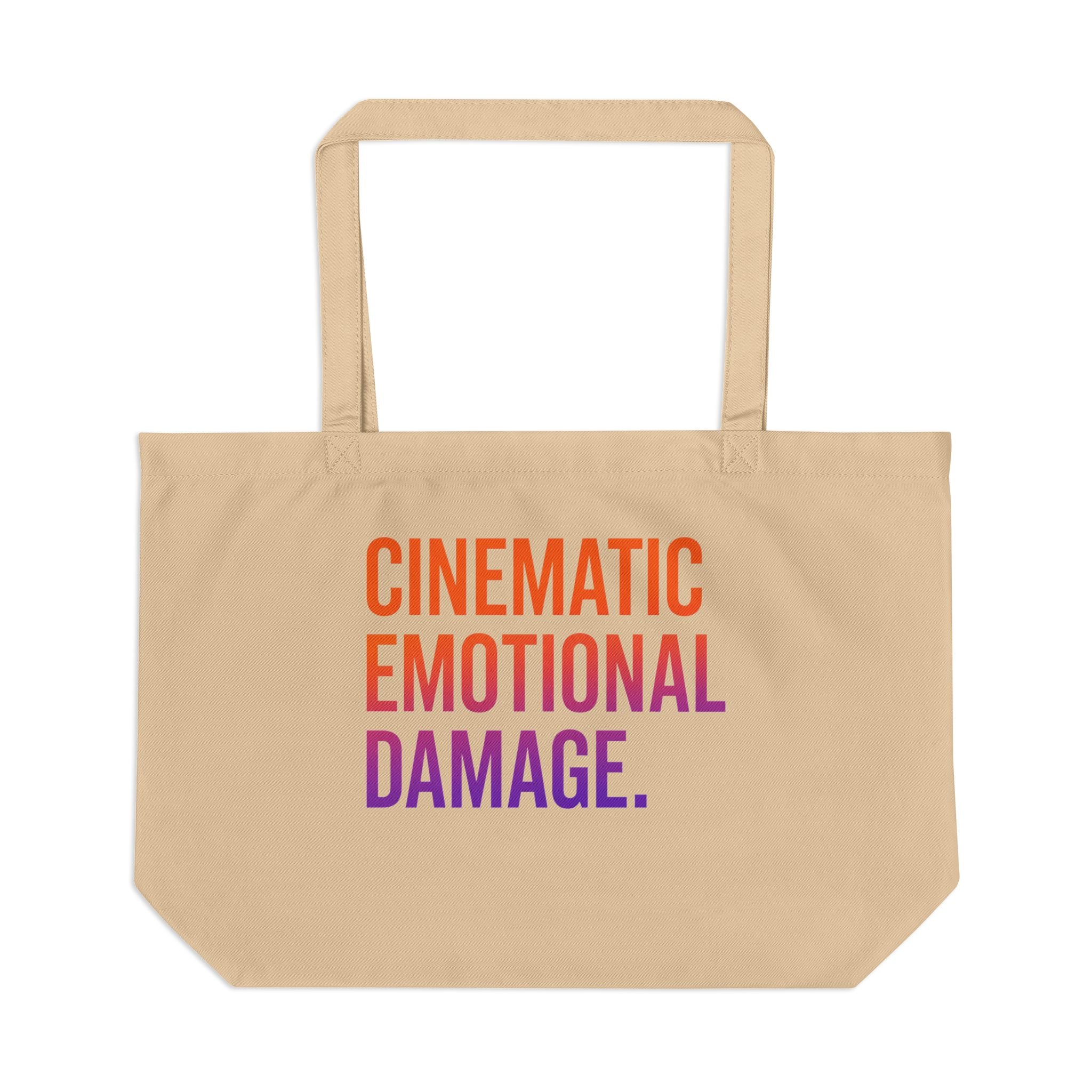 Large Eco Tote — "Hook. Cry. Repeat." / "Cinematic Emotional Damage." Graphic Reusable Tote