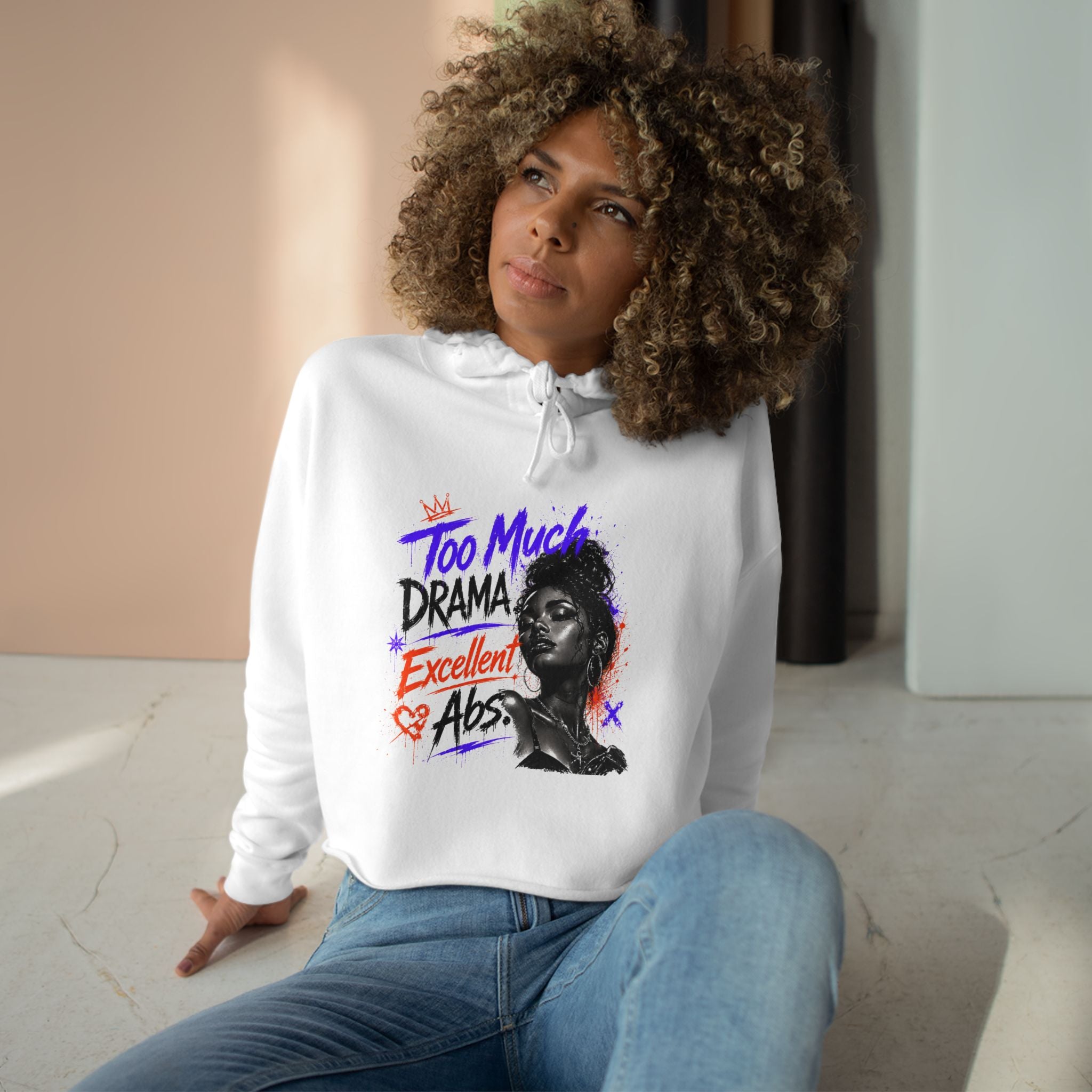 Too Much Drama Crop Hoodie — Retro Portrait Graphic Cropped Hoodie