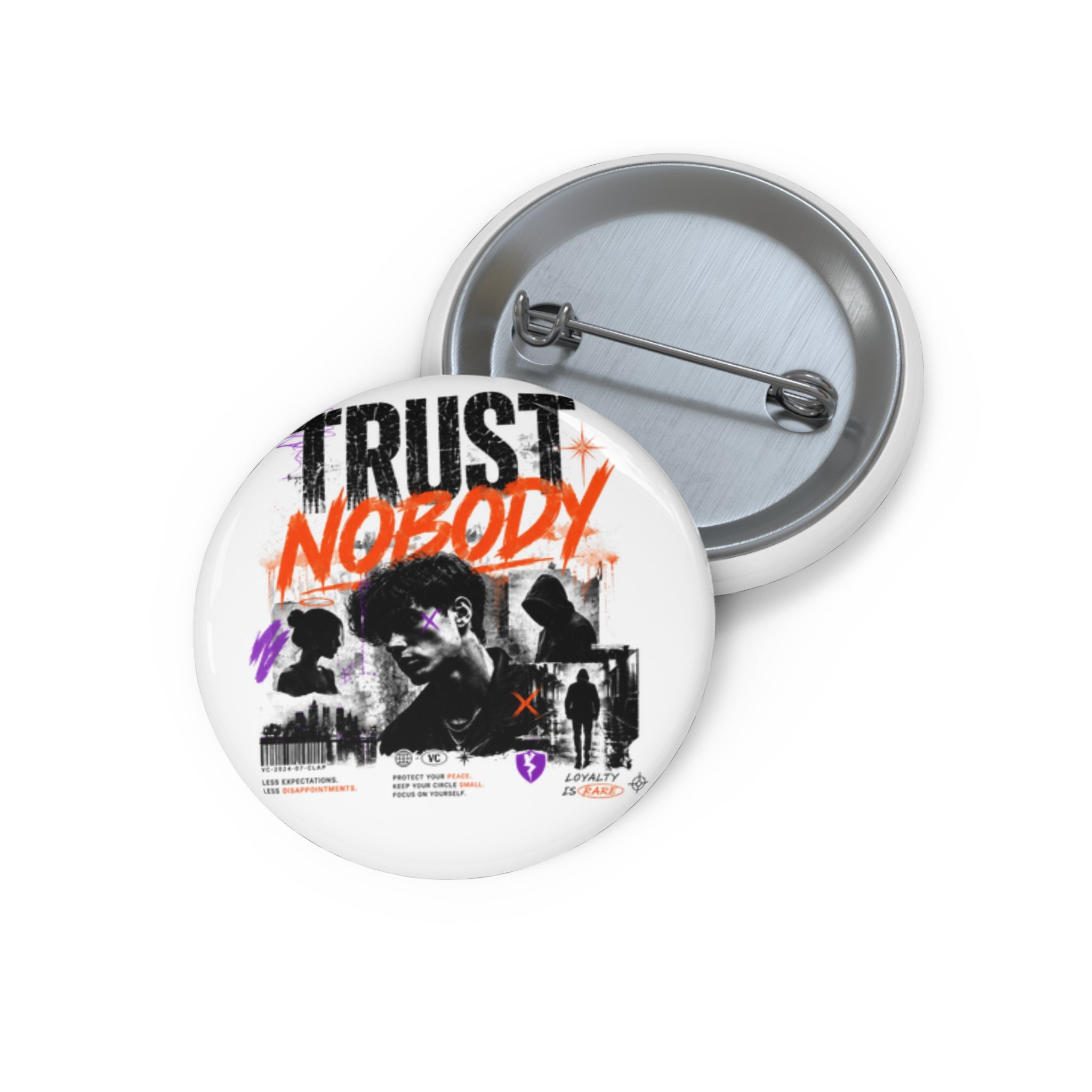 Trust Nobody Pin Button — Retro Grunge Band Portrait Badge