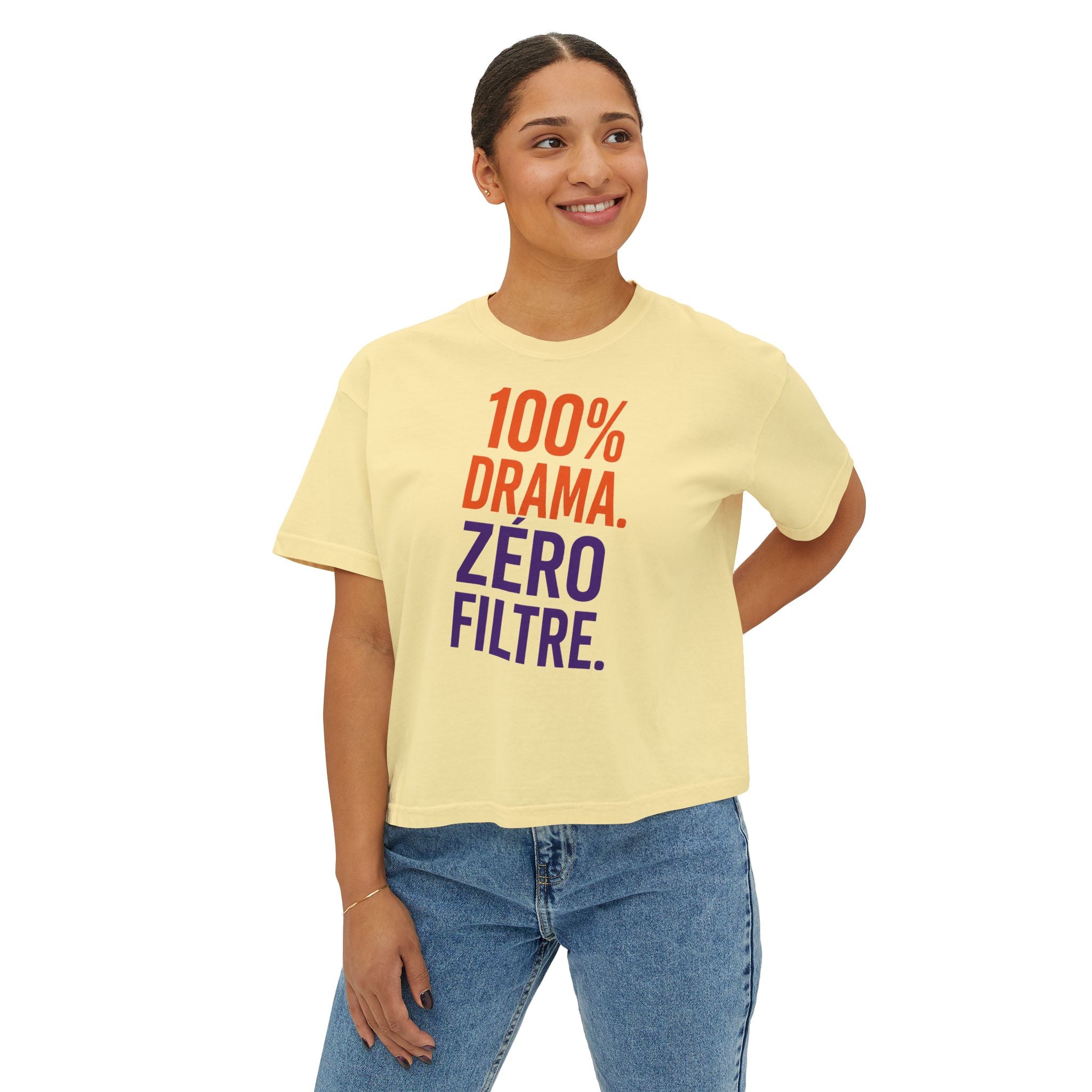 Boxy Tee — "100% Drama. Zero Filtre." Graphic Women's Crop Top
