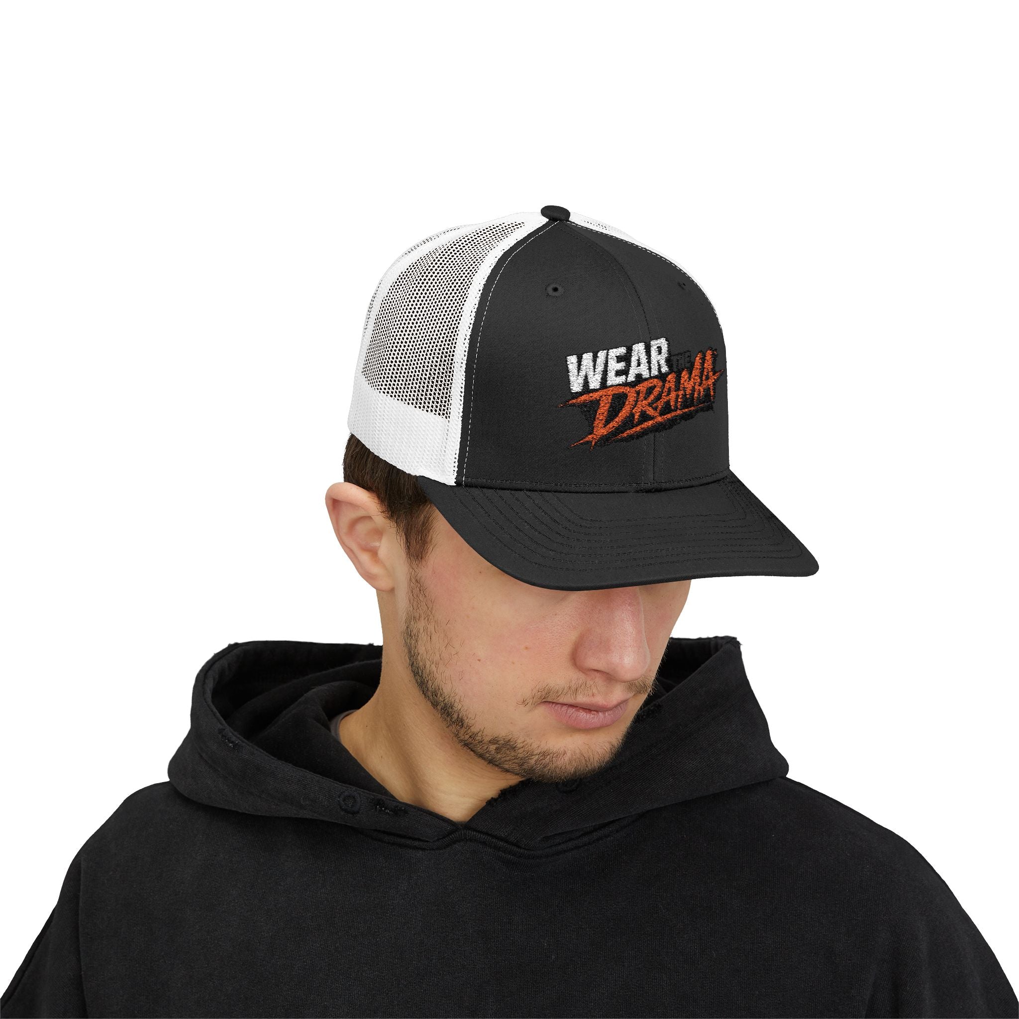 Wear Drama Snapback Trucker Cap — Bold Retro Script Mesh Hat