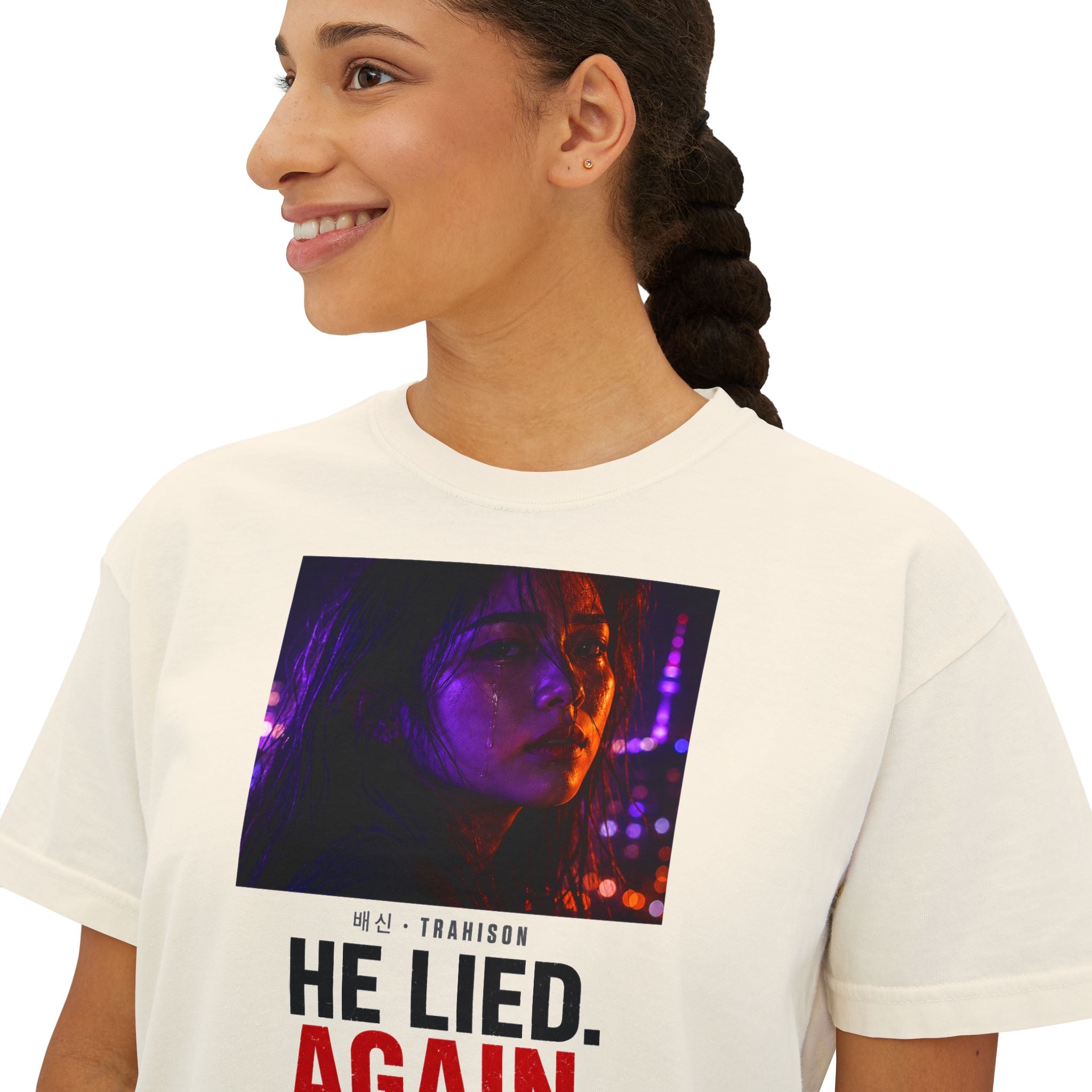 He Lied. Again. Women's Boxy Tee — Dramatic Photo Graphic Tee for Breakup/Statement Fashion