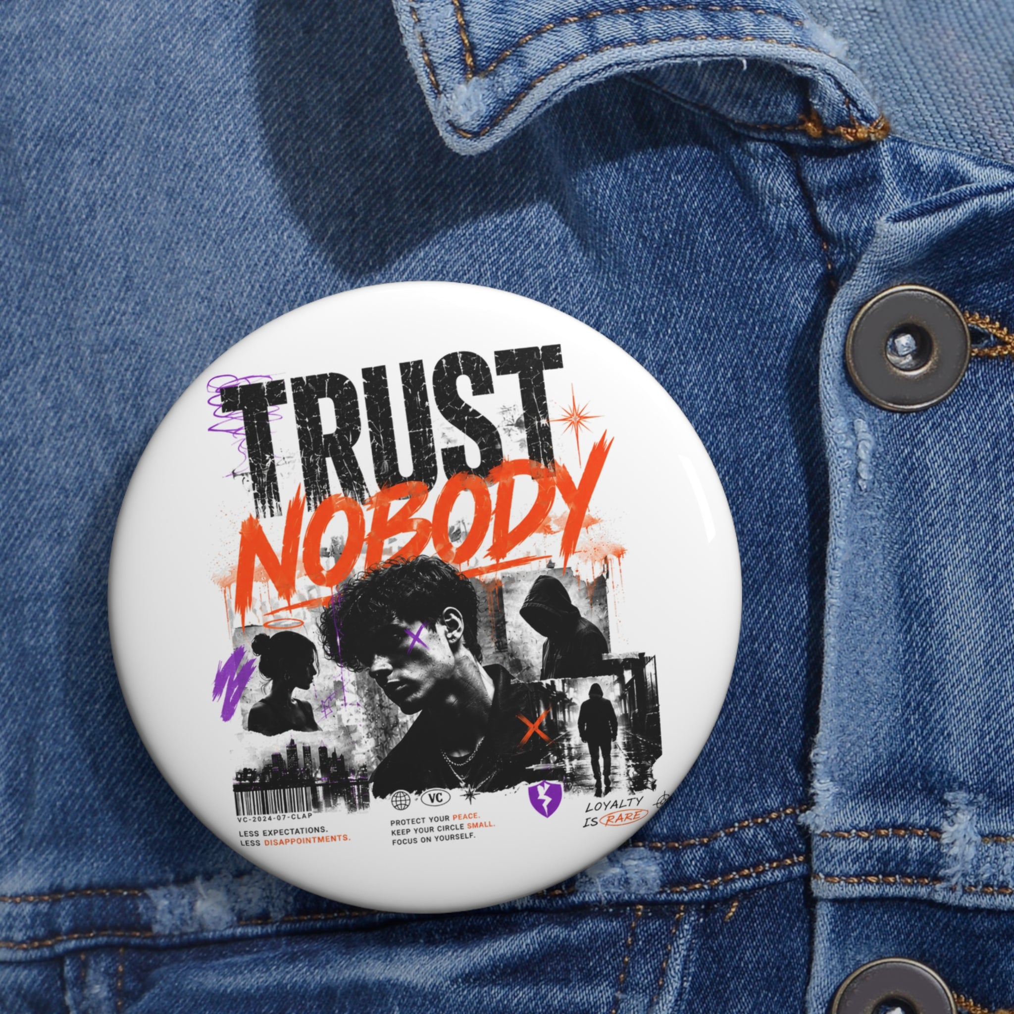 Trust Nobody Pin Button — Retro Grunge Band Portrait Badge