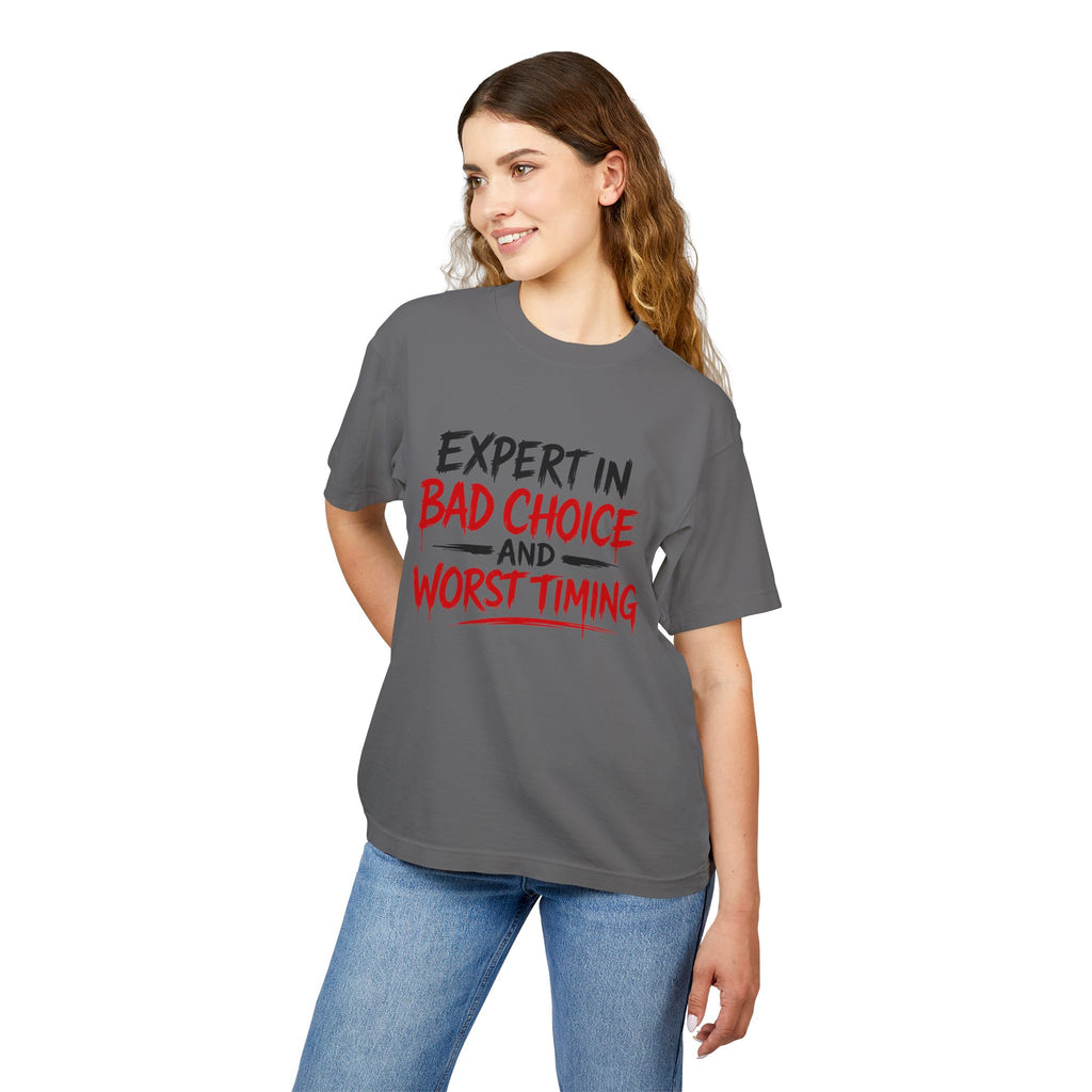 Red Flag Energy Tee — "Expert in Bad Choice and Worst Timing" Graphic T-Shirt