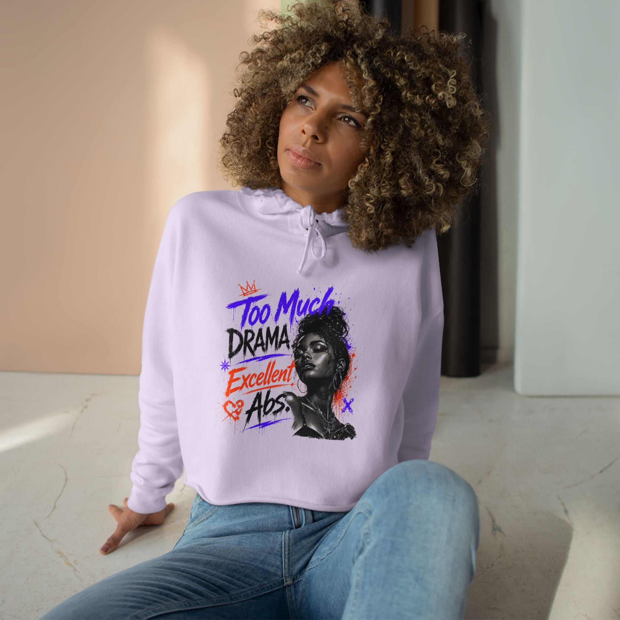 Too Much Drama Crop Hoodie — Retro Portrait Graphic Cropped Hoodie