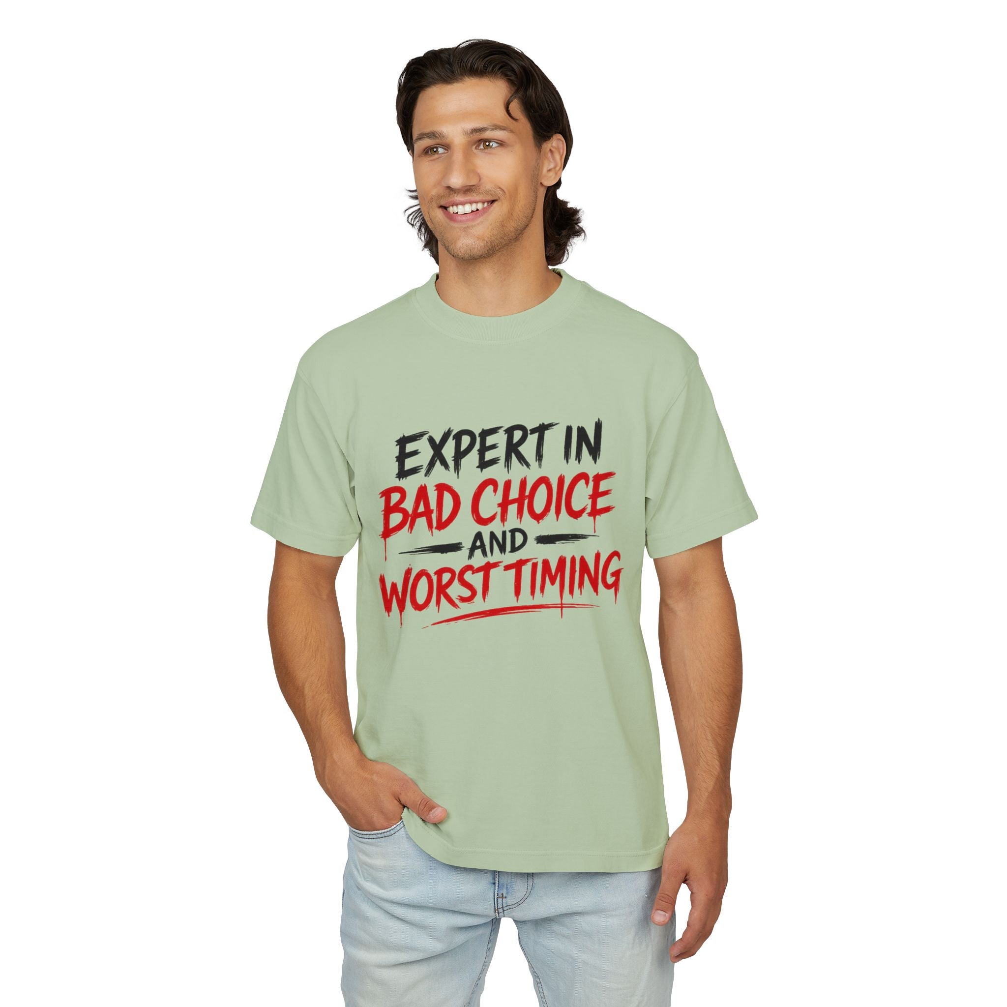 Red Flag Energy Tee — "Expert in Bad Choice and Worst Timing" Graphic T-Shirt