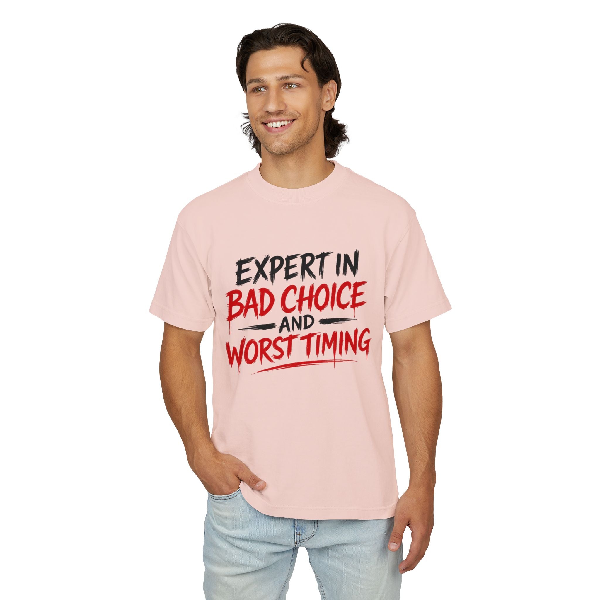 Red Flag Energy Tee — "Expert in Bad Choice and Worst Timing" Graphic T-Shirt