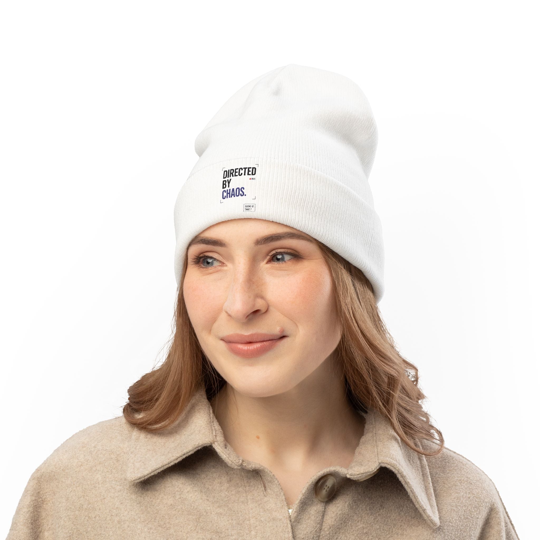 Directed By Chaos Embroidered Knit Beanie — Minimal Streetwear Winter Hat