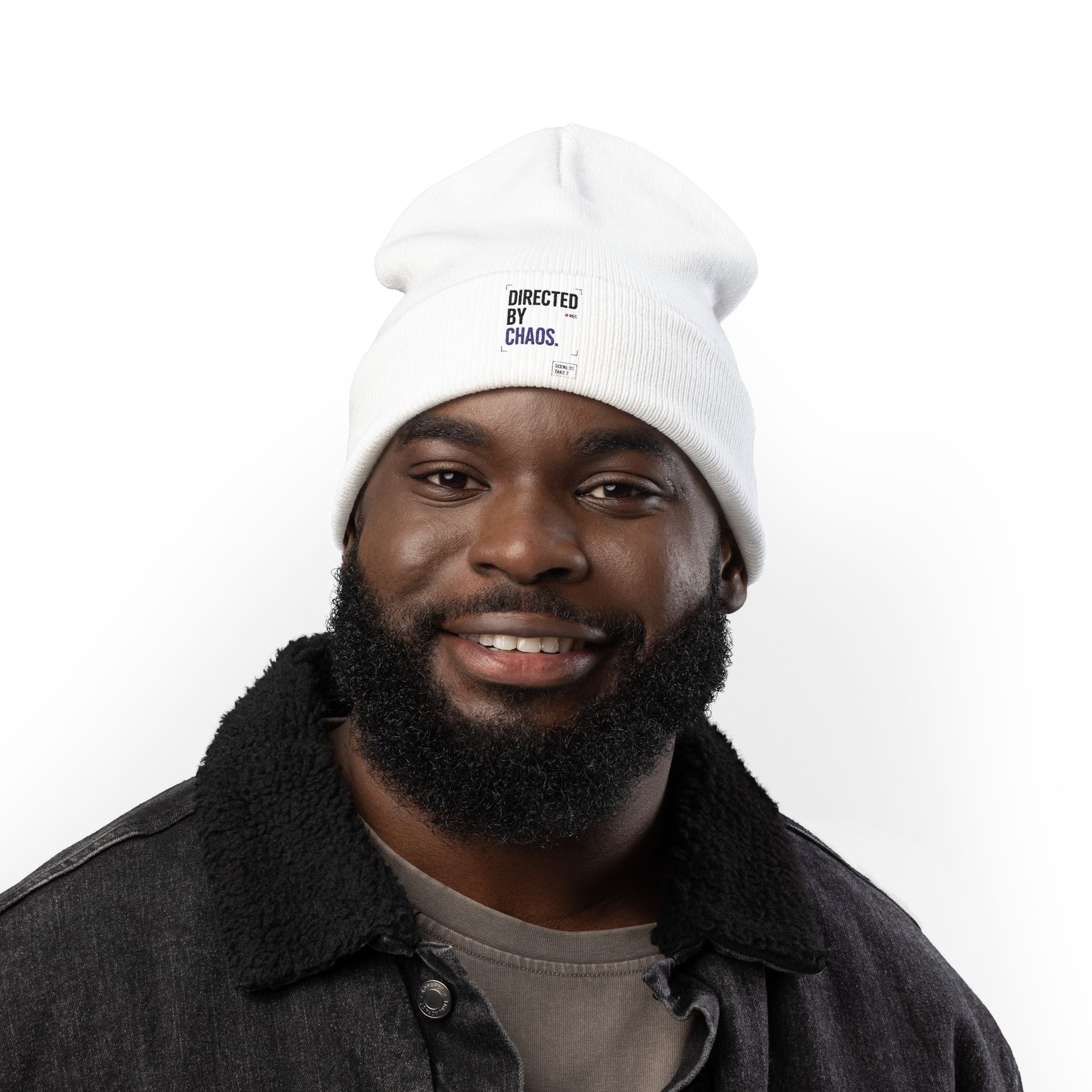 Directed By Chaos Embroidered Knit Beanie — Minimal Streetwear Winter Hat