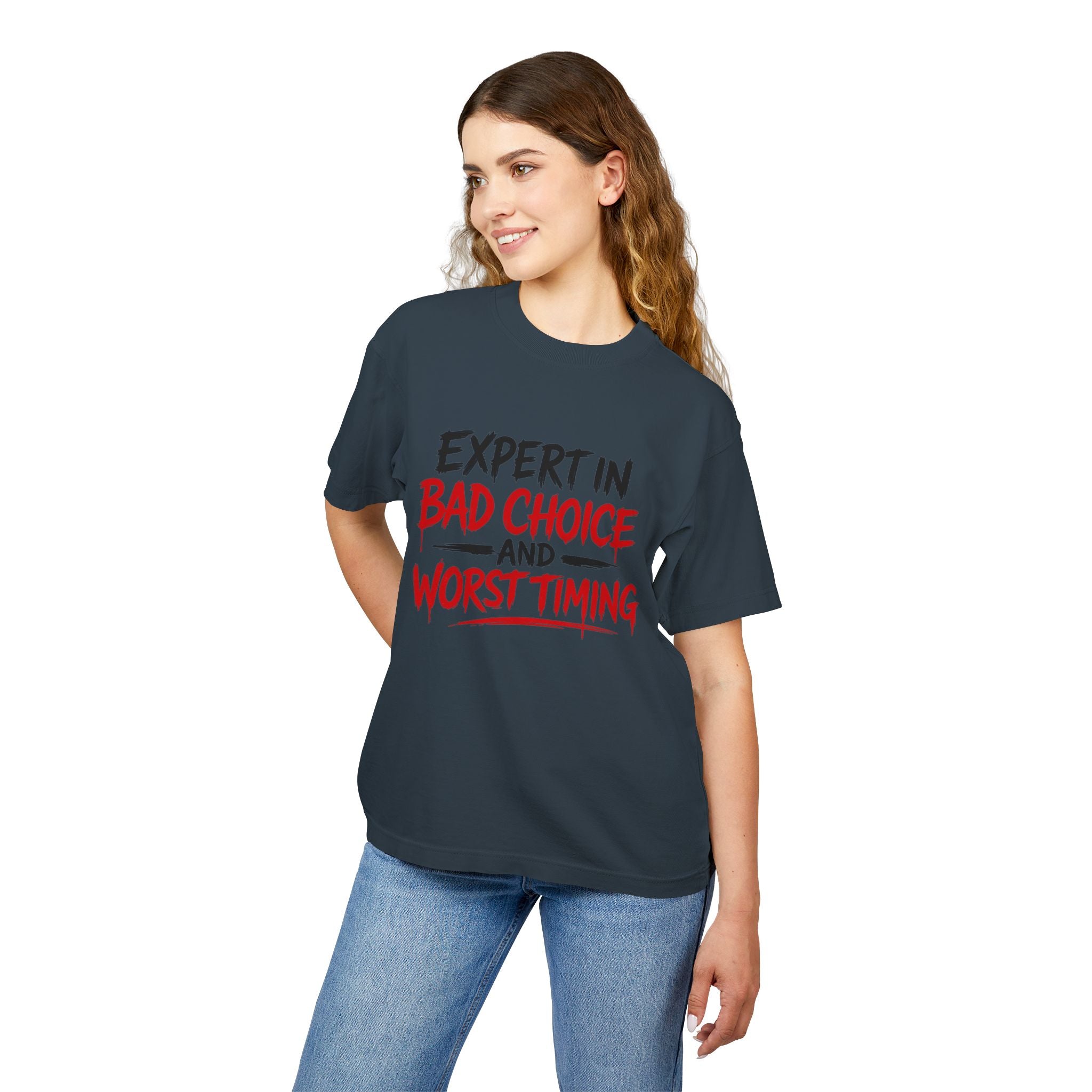 Red Flag Energy Tee — "Expert in Bad Choice and Worst Timing" Graphic T-Shirt