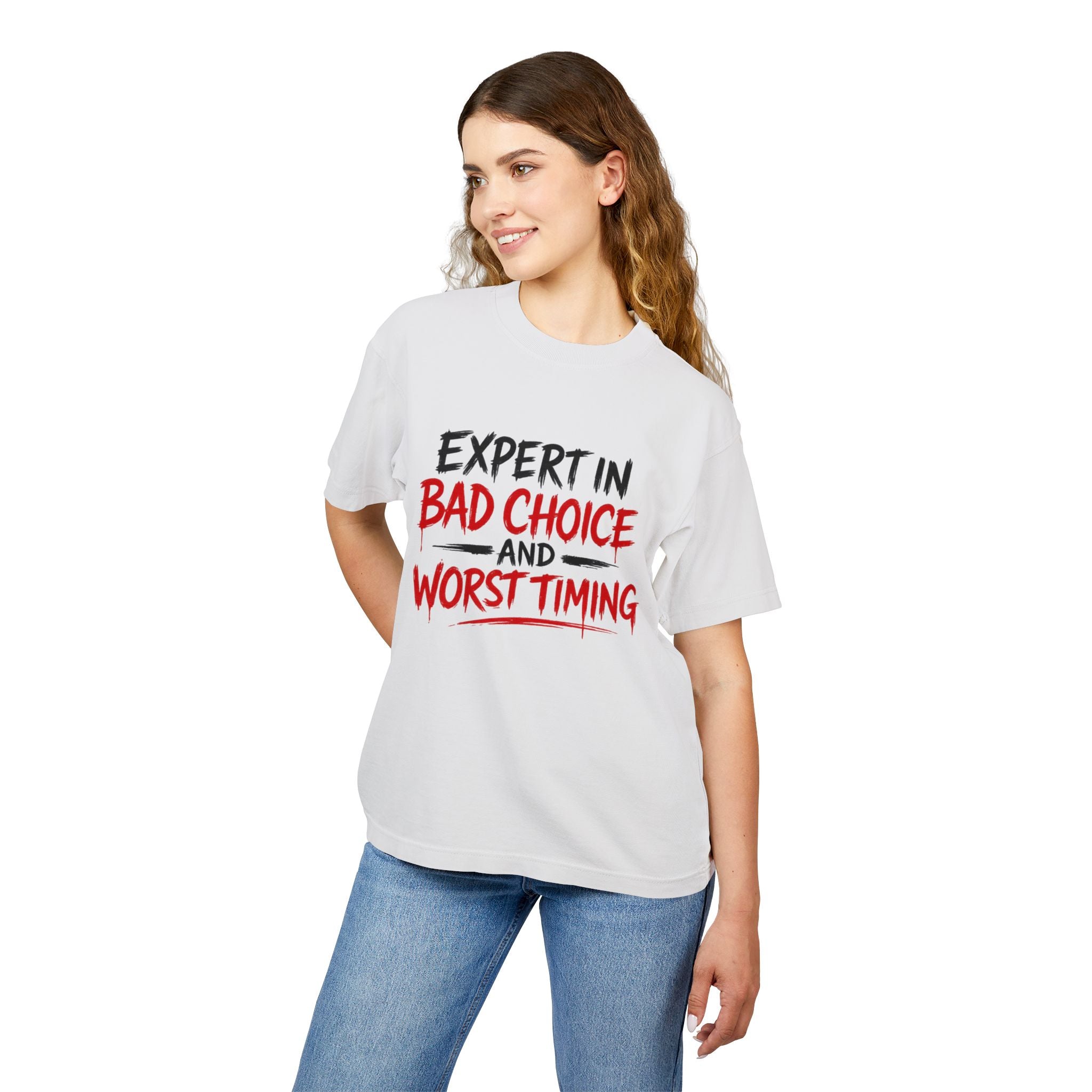 Red Flag Energy Tee — "Expert in Bad Choice and Worst Timing" Graphic T-Shirt