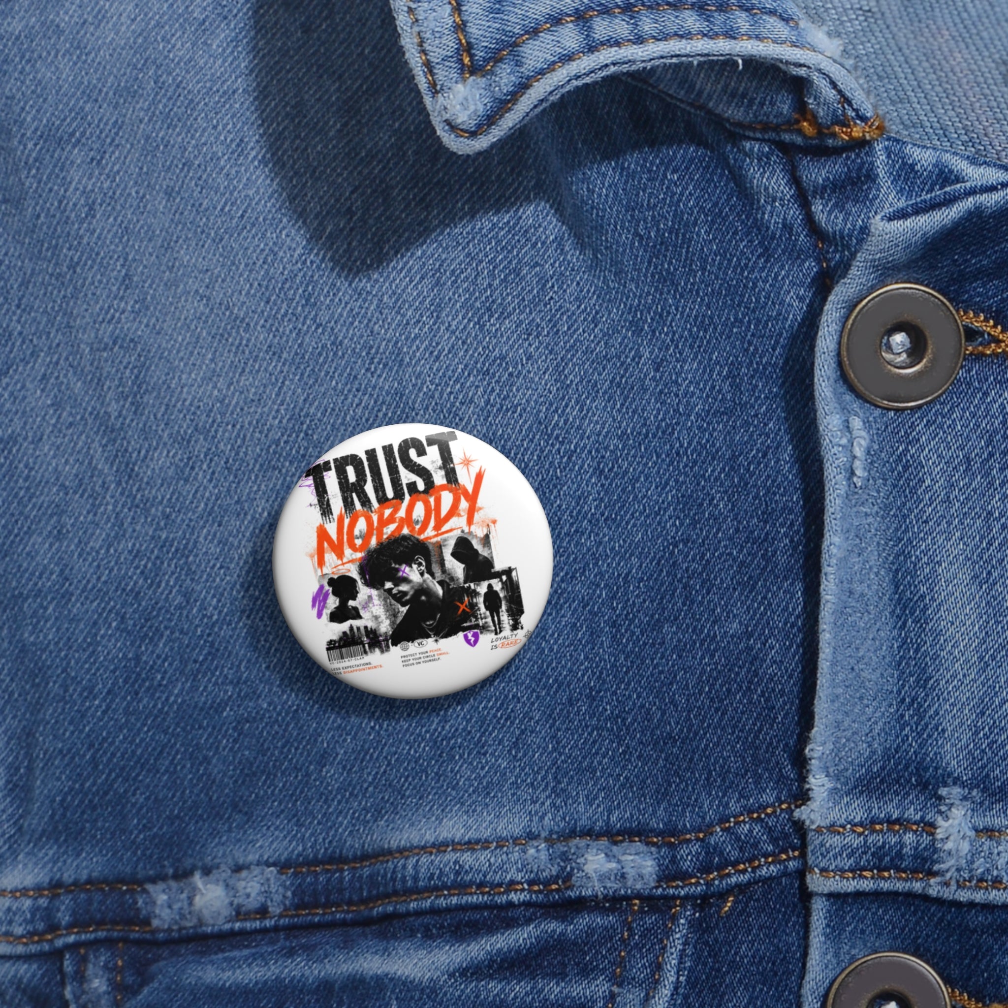Trust Nobody Pin Button — Retro Grunge Band Portrait Badge