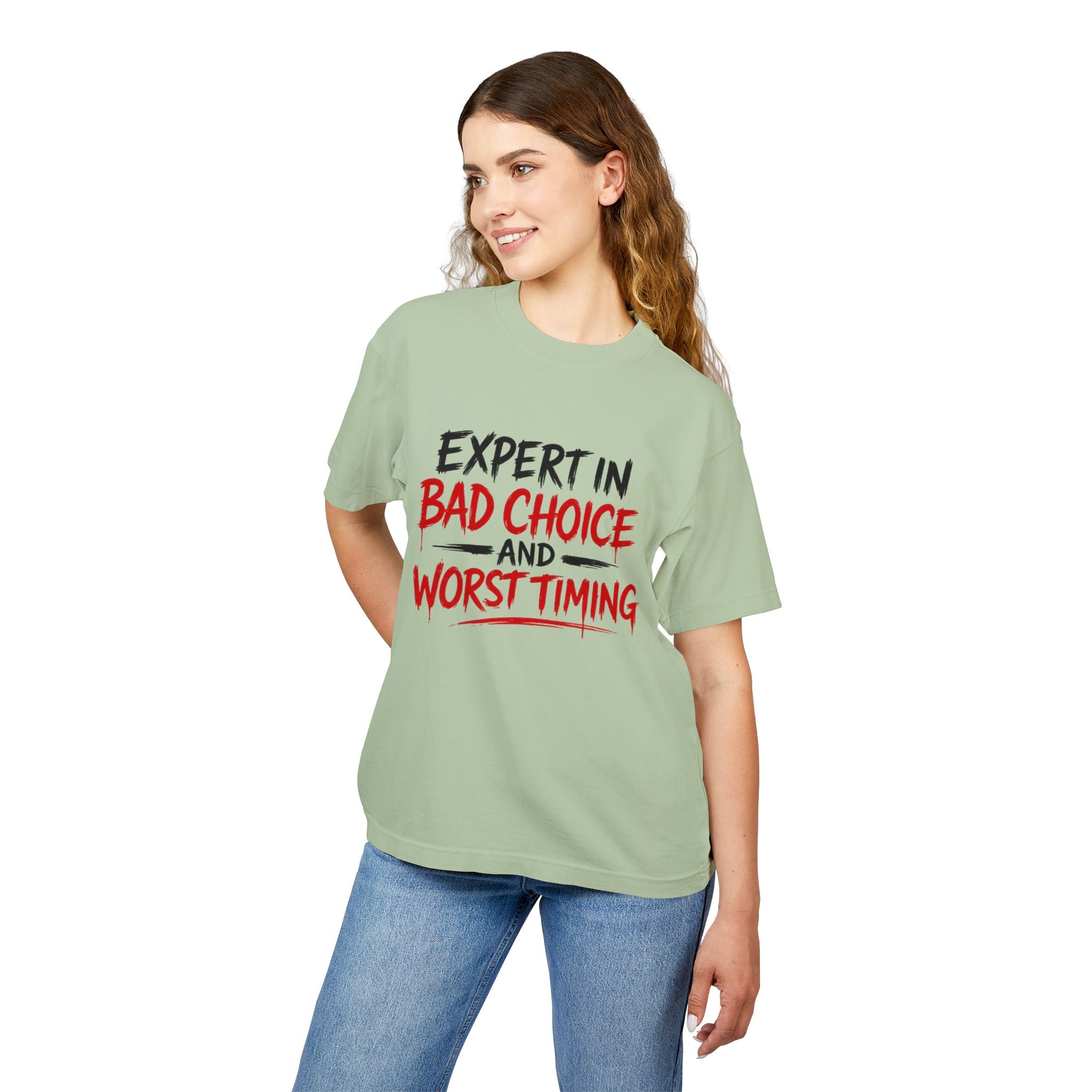 Red Flag Energy Tee — "Expert in Bad Choice and Worst Timing" Graphic T-Shirt