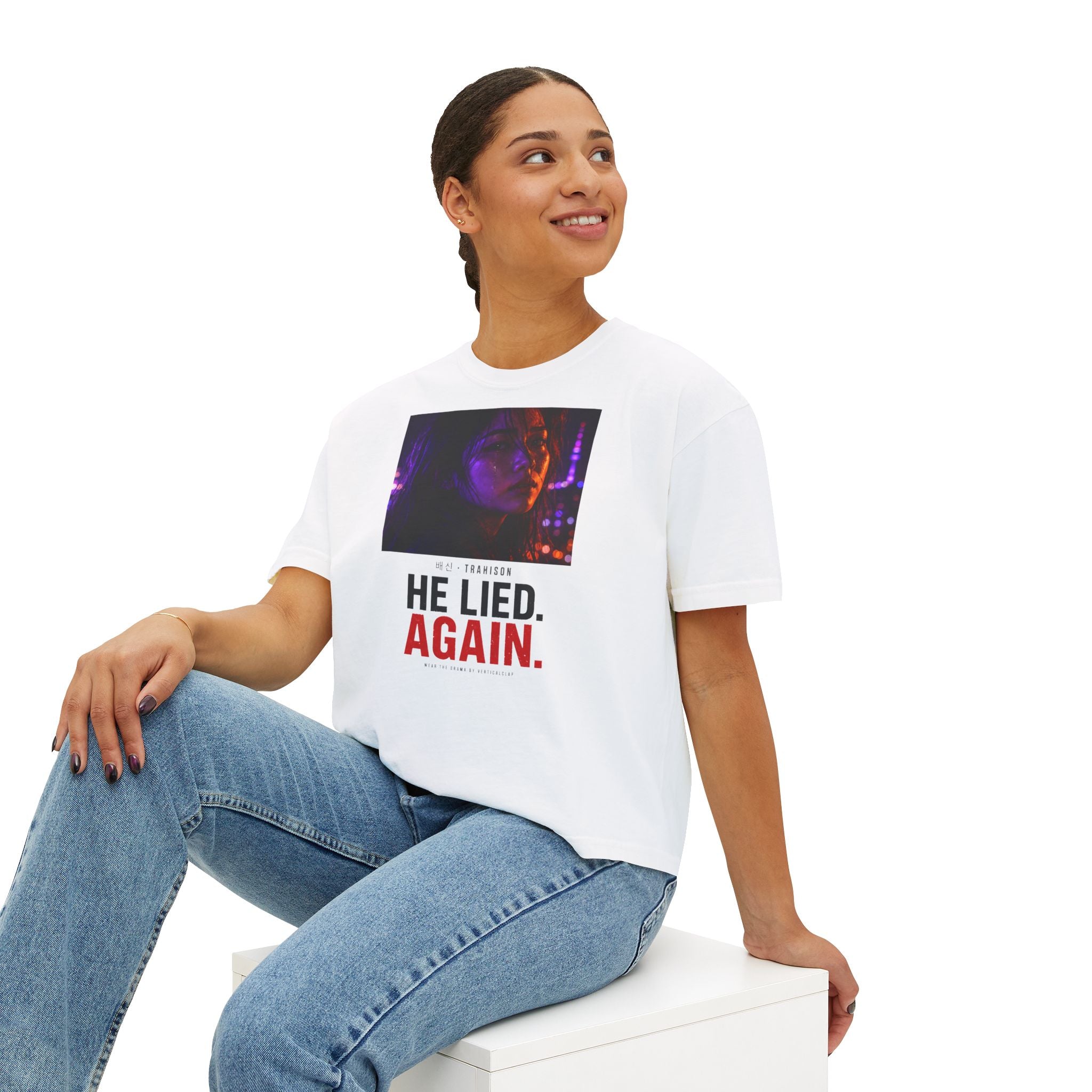 He Lied. Again. Women's Boxy Tee — Dramatic Photo Graphic Tee for Breakup/Statement Fashion