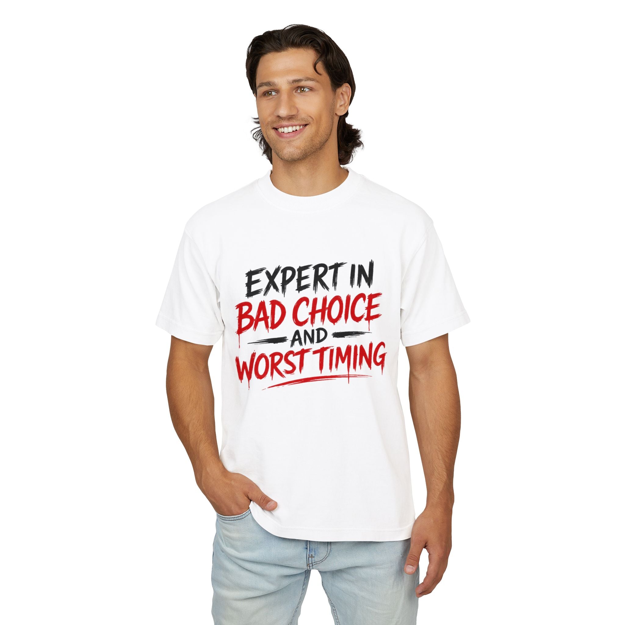 Red Flag Energy Tee — "Expert in Bad Choice and Worst Timing" Graphic T-Shirt