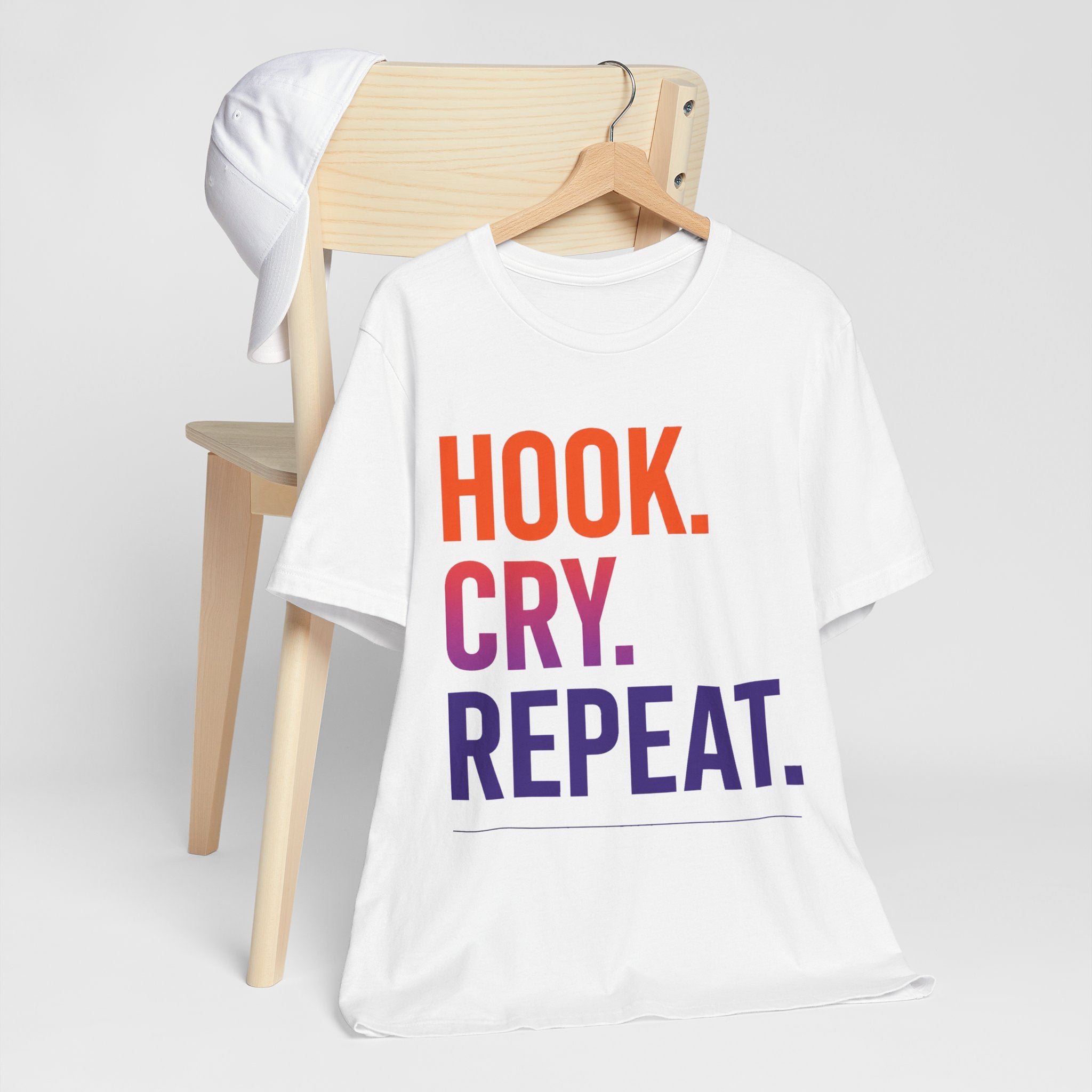 T-Shirt — "Hook. Cry. Repeat." Bold Fishing Humor Tee