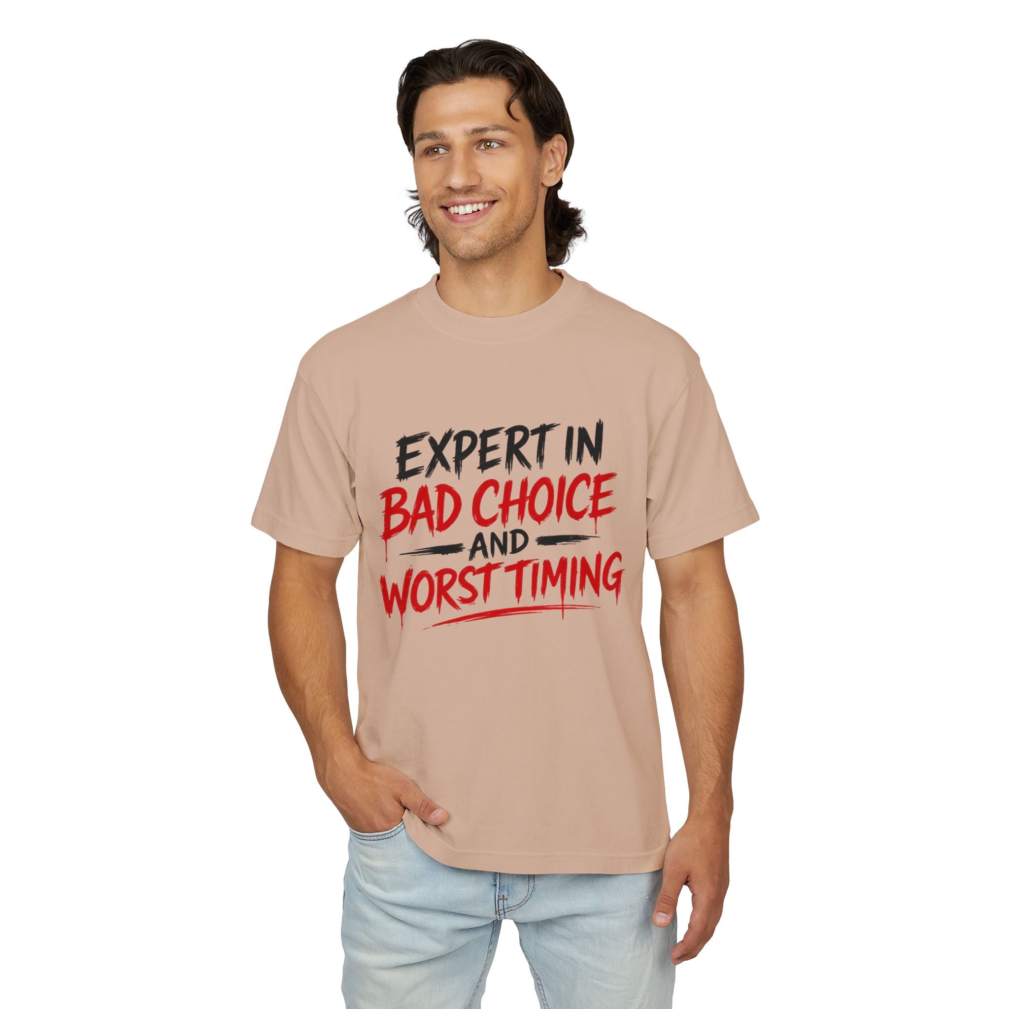 Red Flag Energy Tee — "Expert in Bad Choice and Worst Timing" Graphic T-Shirt