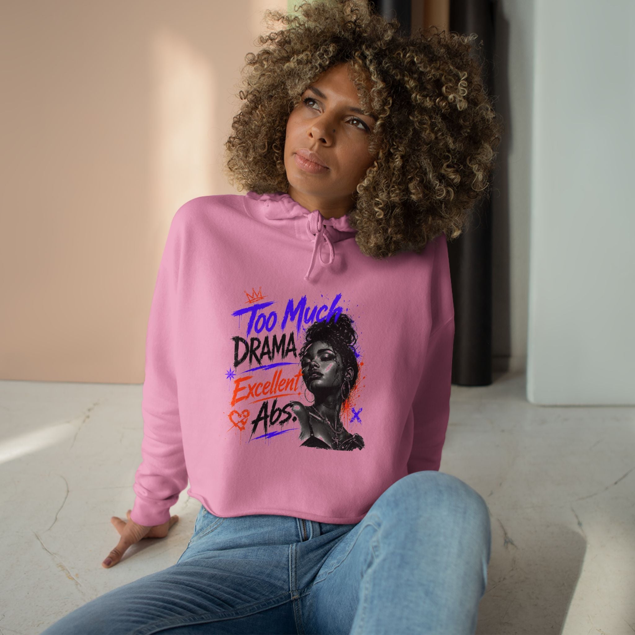 Too Much Drama Crop Hoodie — Retro Portrait Graphic Cropped Hoodie