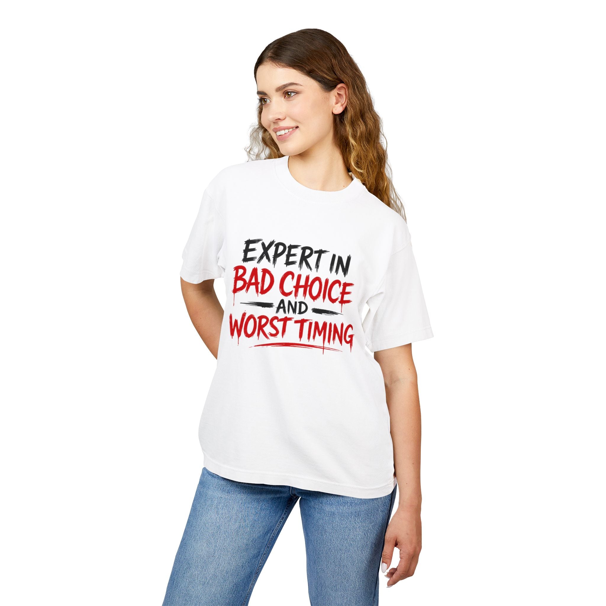 Red Flag Energy Tee — "Expert in Bad Choice and Worst Timing" Graphic T-Shirt