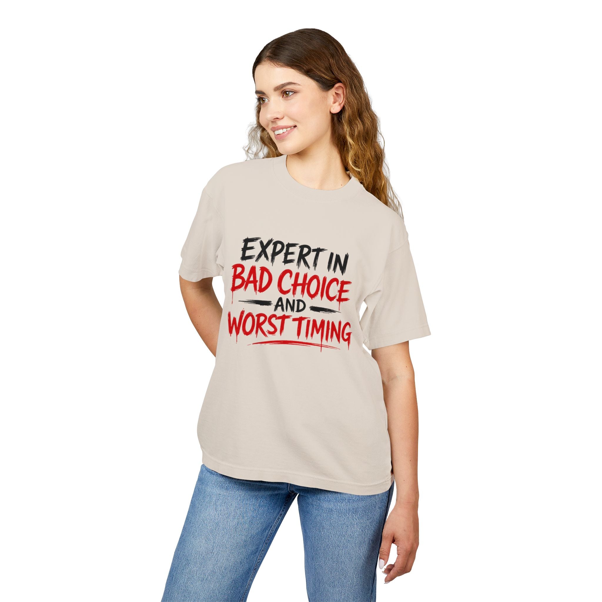 Red Flag Energy Tee — "Expert in Bad Choice and Worst Timing" Graphic T-Shirt