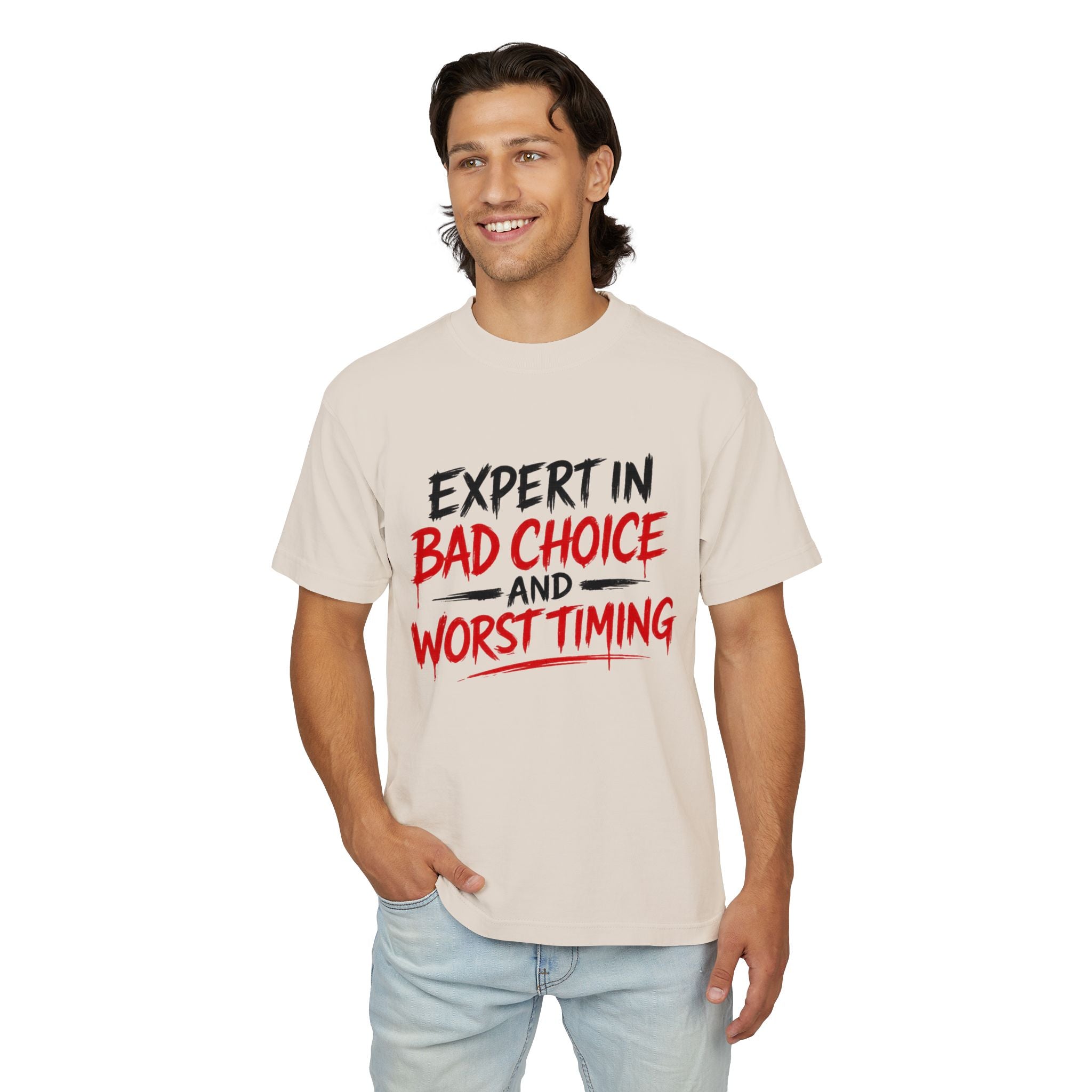 Red Flag Energy Tee — "Expert in Bad Choice and Worst Timing" Graphic T-Shirt