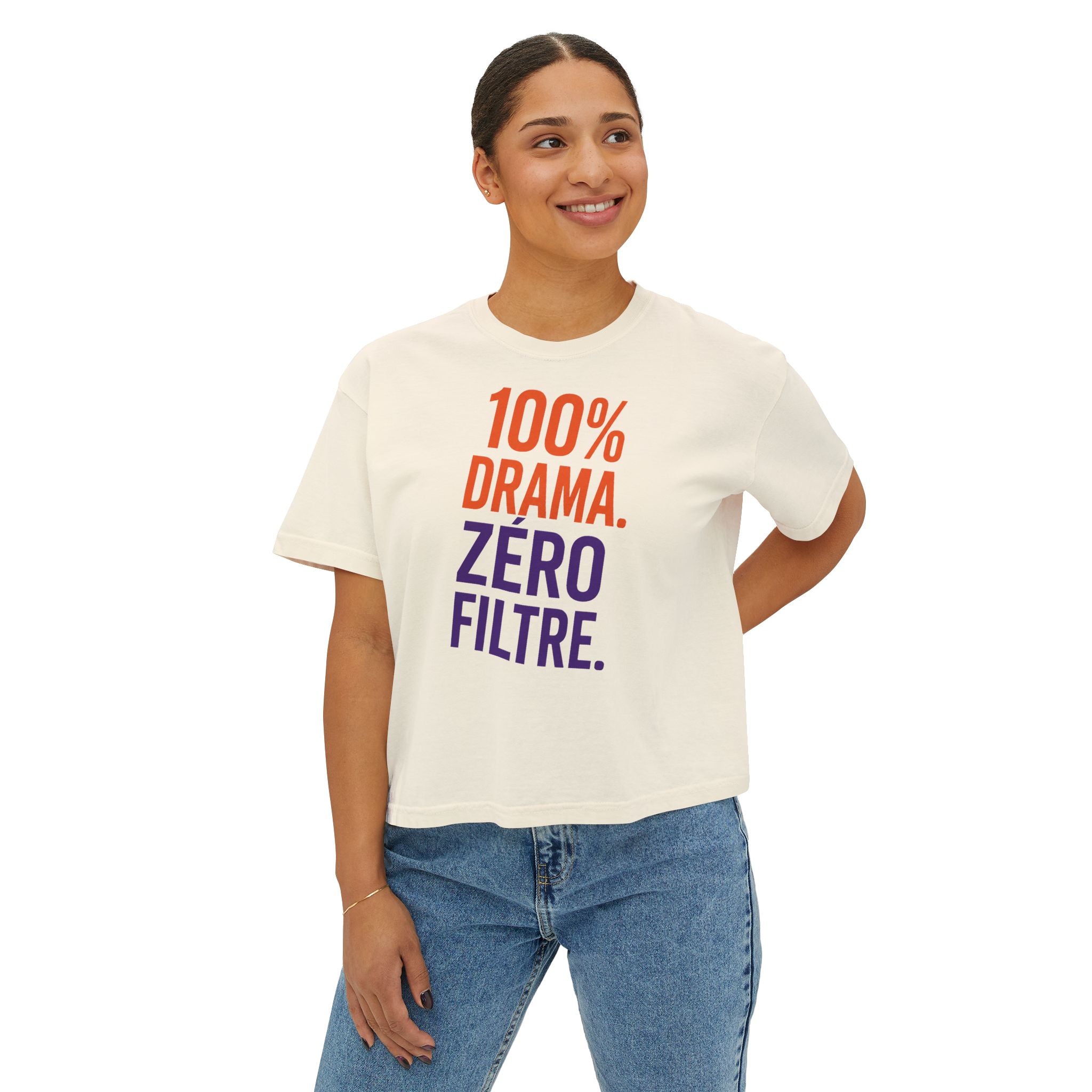 Boxy Tee — "100% Drama. Zero Filtre." Graphic Women's Crop Top