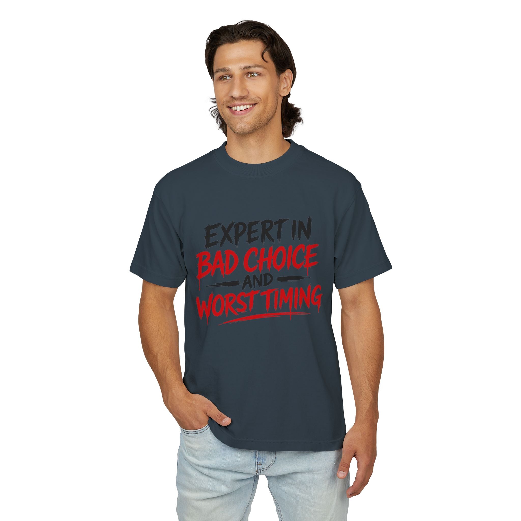 Red Flag Energy Tee — "Expert in Bad Choice and Worst Timing" Graphic T-Shirt